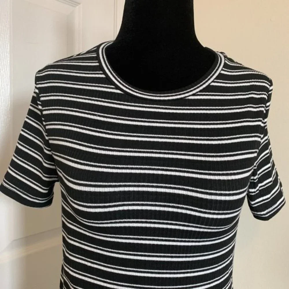 Striped T-Shirt Dress with Slit Black